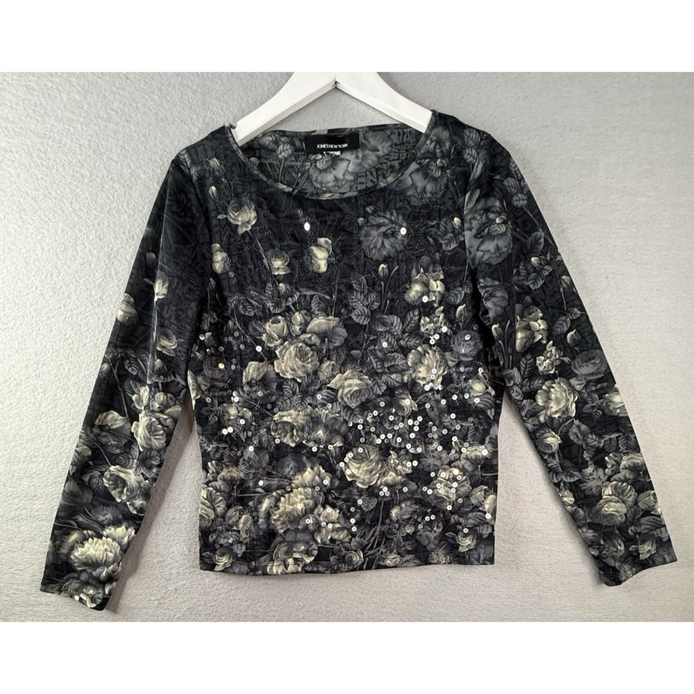 Jones NY Sheer Mesh Sequin Top Womens Sz M L Dark Floral Romantic Whimsigoth Y2K
